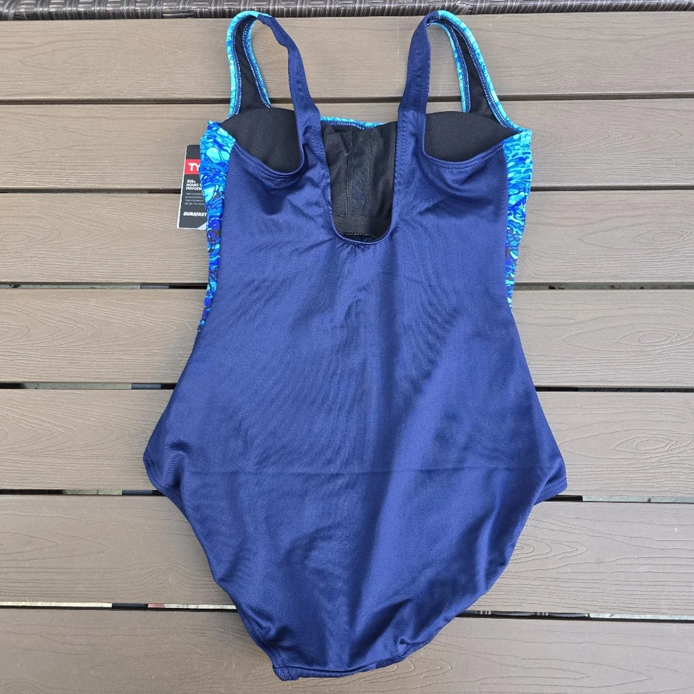 TYR Women's Durafast Elite Blue/Navy Artic Scoop Neck Controlfit Swim Sz 8 New